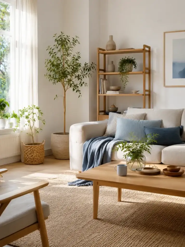 Lichte woonkamer met houten meubels, groene planten en blauwe woonaccessoires