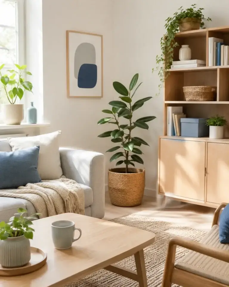 Lichte woonkamer met houten meubels, groene planten en blauwe woonaccessoires