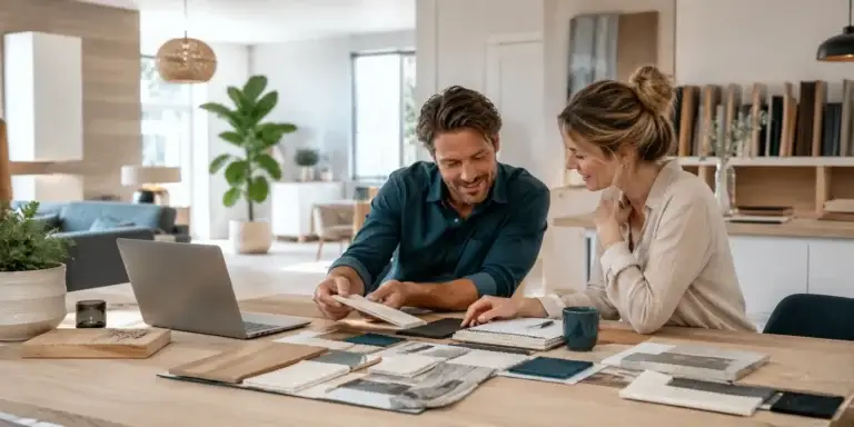 Twee woonprofessionals bespreken een samenwerking met interieurmaterialen en laptop