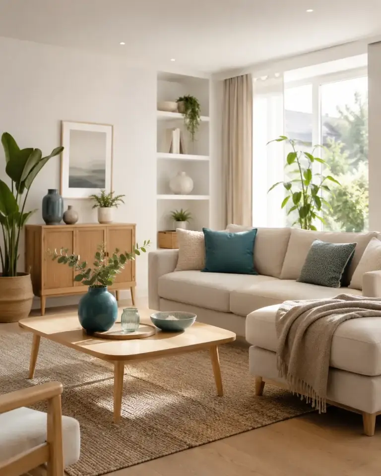 Lichte woonkamer met houten meubels, groene planten en blauwe woonaccessoires