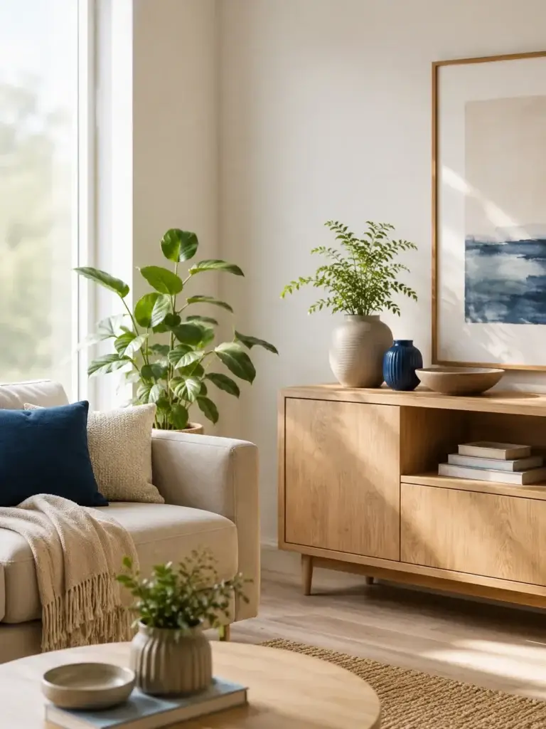Lichte woonkamer met houten kast, groene planten en blauwe woonaccessoires