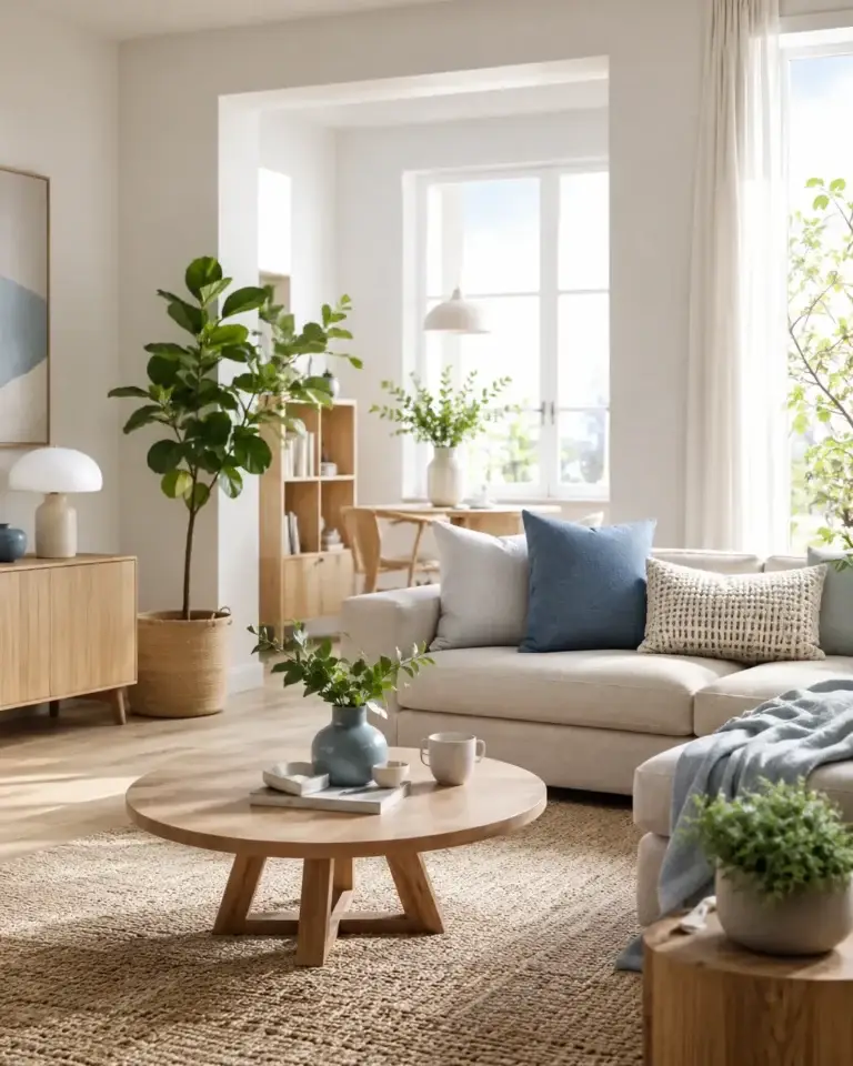 Lichte woonkamer met houten meubels, groene planten en blauwe woonaccessoires
