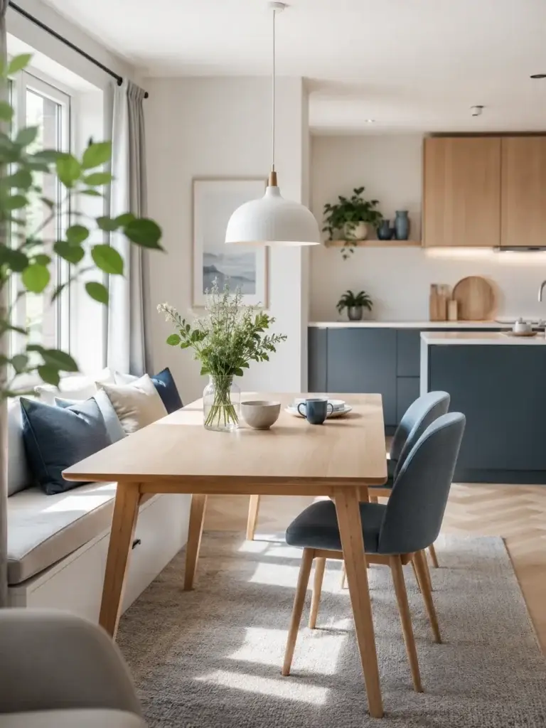 Moderne eetkamer met houten tafel, blauwe stoelen en open keuken